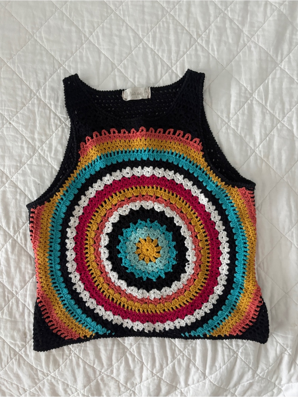 Anthropologie Black Multicolor Crochet Circle Tank